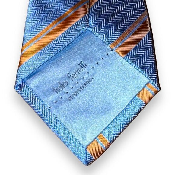 Italo Ferrelli Silvimarina Blue & Orange Handmade 100% Silk Tie - Picture 4 of 9